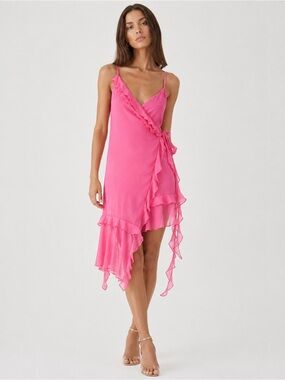 MONKL Pink Ruffle Wrap Dress Asymmetrical Midi Slip Party Wedding Guest S